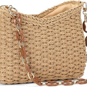 Brown Straw Woven Crossbody Shoulder Bag for Women, Compact & Stylish Summer Pur